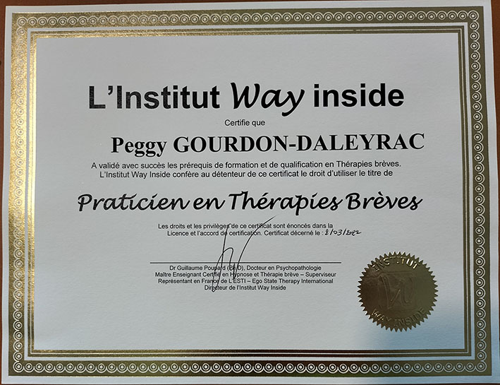 Peggy Gourdon Daleyrac diplôme praticienne thérapies brèves