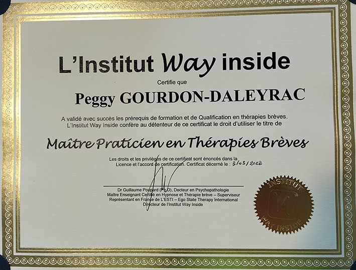 Peggy Gourdon Daleyrac diplôme Maitre Praticien thérapies brèves