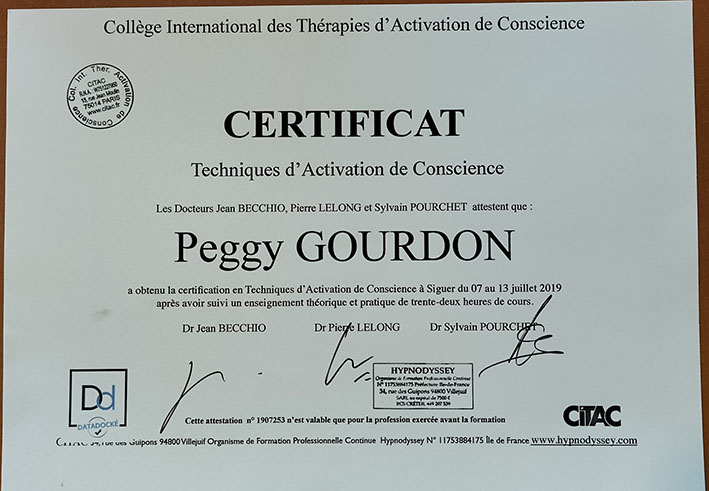 Peggy Gourdon Daleyrac Certificat techniques d'activation de conscience hypnose Jean Becchio CITAC
